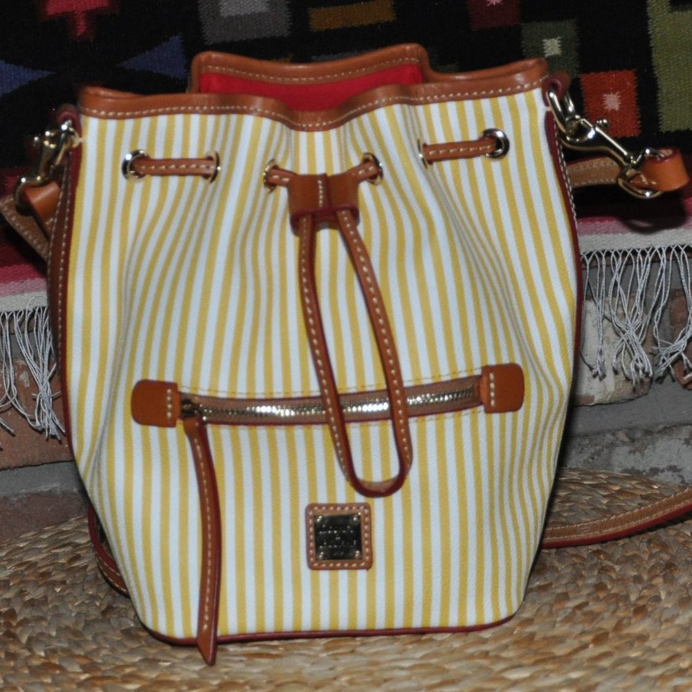 New Dooney & Bourke Sullivan Bucket Drawstring Yellow White Striped Purse